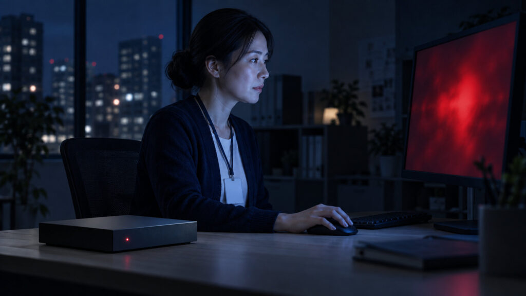 夜の小さな事務所で、社員証を下げたIT担当者が、赤い警告ランプの点いたネットワーク機器の横で警告の出たモニターを確かめている