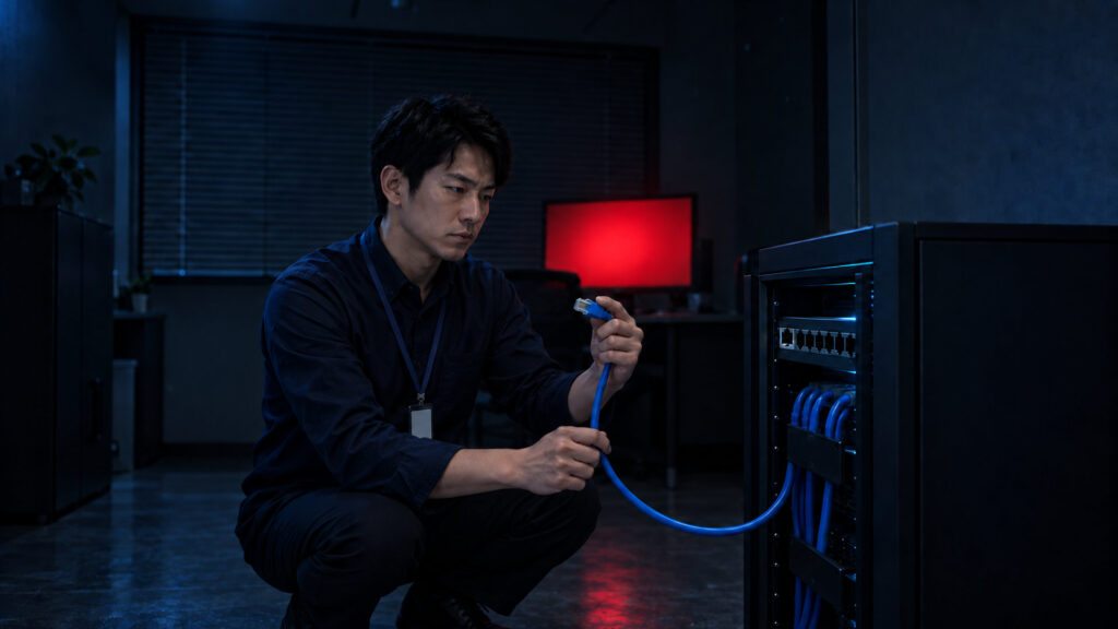 小さな会社のネットワークラックでLANケーブルを抜き、ランサムウェアの被害拡大を止める日本人IT担当者。背後のモニターが赤い警告で光っている
