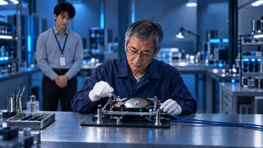 清潔な復旧ラボで、治具に固定したハードディスクを診断する日本人の復旧スペシャリストと、それを見守る依頼者側の日本人IT担当者